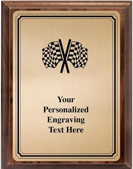 Crown Awards Checkered Flags Plaque Award, 6x8 Personalized Gold Racing Metal Trophy On Walnut Wood Plaque with Custom Engraving Prime