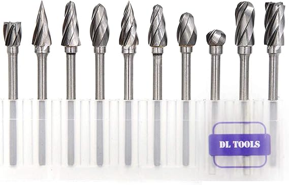 DLtools 10pcs Aluma Cut Tungsten Carbide Rotary Burr Set, Metal Carving Drilling Polishing Cutter Bits with 1/8"(3mm) Shank and 1/4"(6mm) Head Dia for Die Grinder Drill Aluminum and Wood