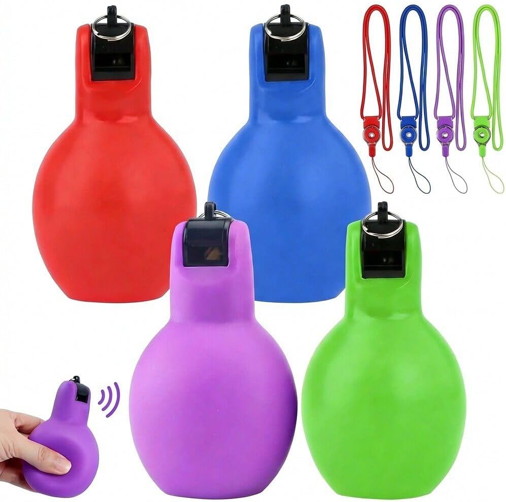 4 PCS Hand Squeeze Whistles Hand-held Outdoor Sports Whistle Loud Crisp Sound Whistles Coach Whistles Referee Whistler with 4 PCS Lanyards for Physical Education Instructor Dog Trainer Sport