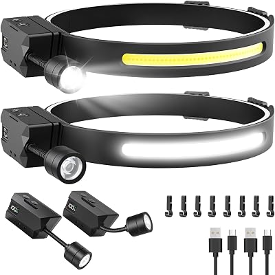 Headlamp Rechargeable 2 Pack, Detachable 230° Wide Beam LED 2 in 1 Head Lamps with Motion Sensor, Hard Hat Head Lamp for Adults, 7 Modes Headlight for Mechanics, Hiking, Outdoor Work