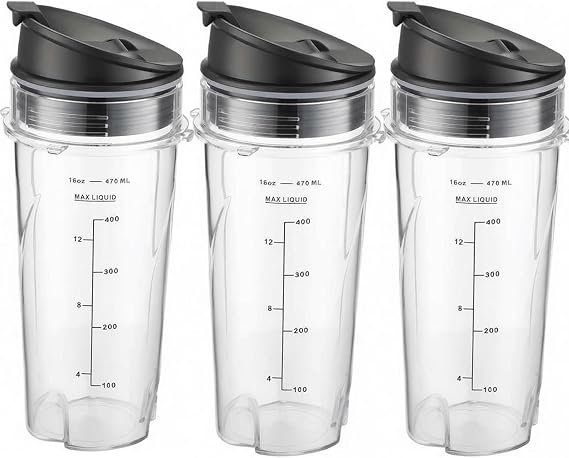 Blender 16oz Cups Replacement for Ninja, 3 Pack Ninja Blender Cups with Lids, Compatible with Ninja QB3001SS, BL770, BL780, BL660, BL740, BL810, Nutri Ninja Series Blenders (470ml/16oz, 3 Pack)