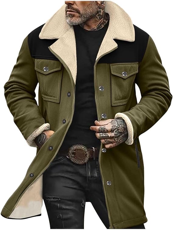 Men's Faux Shearling Sherpa Lined Overcoat Retro Faux Suede Trench Coat Notched Collar Pea Coat Button Down Outerwear