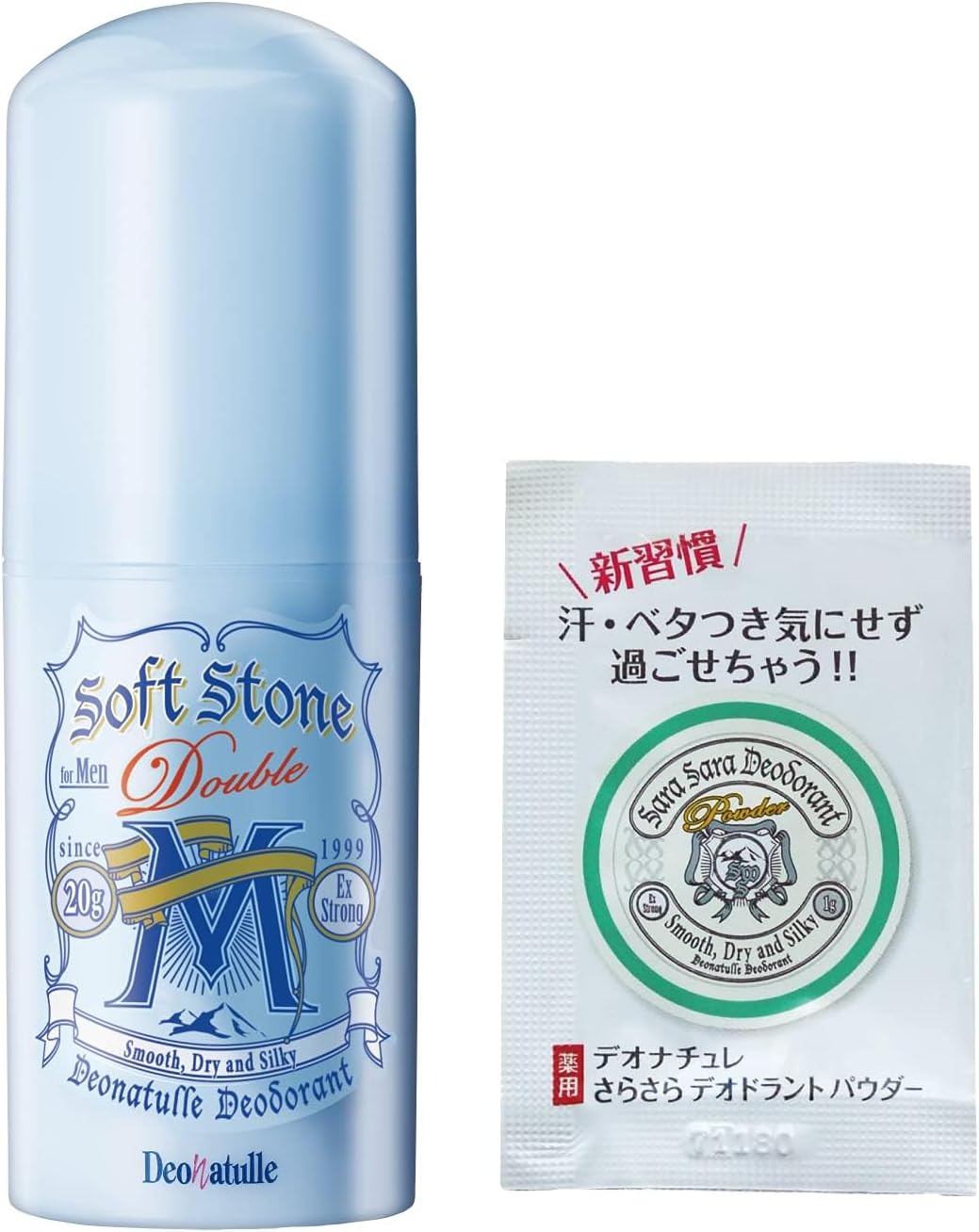 ExclusiveQuasi-Drug Deonatulle Men Soft Stone W, for Men, Underarm, Direct Application, Antiperspirant Stick, Mint, 1 Pack 0.7 oz 20 g, Includes Smooth Powder Sachet