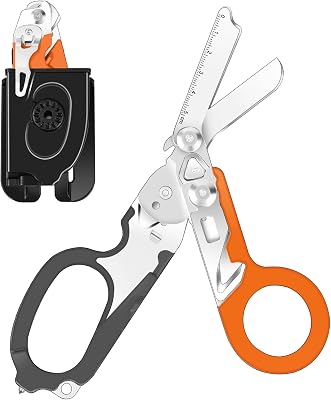 6 In 1 Multi-function Trauma Shears Foldable with Compatible Holster and Penlights,Emergency Trauma Shears with Strap Cutter and Glass Breaker for Outdoor Medical Scissors Tools BlackOrange