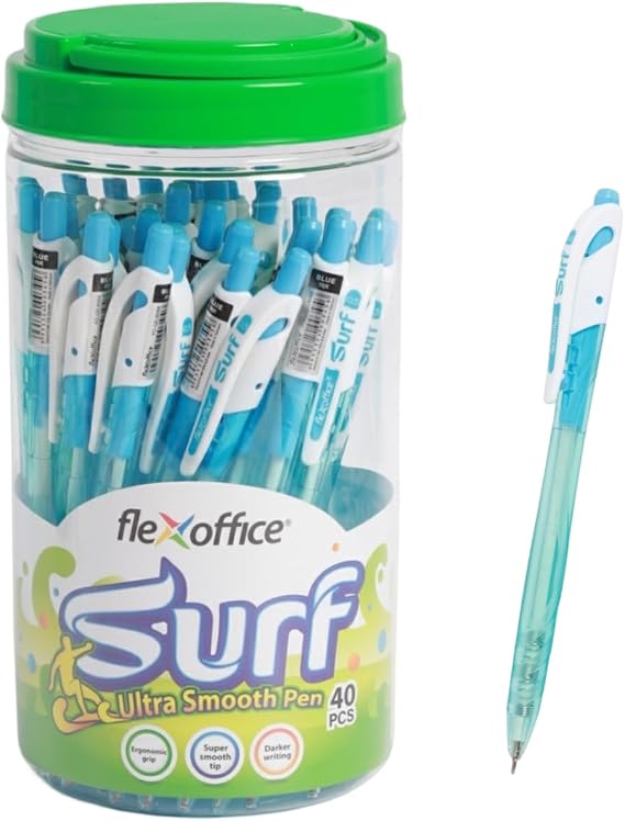 FLEXOFFICE Ballpoint Pens, Blue Ink, 0.5mm Fine Point, 40 Count Pack, Smooth Ink Pens, Ball point Pens, Transparent Pale Body (FO-GELB068-Blue)