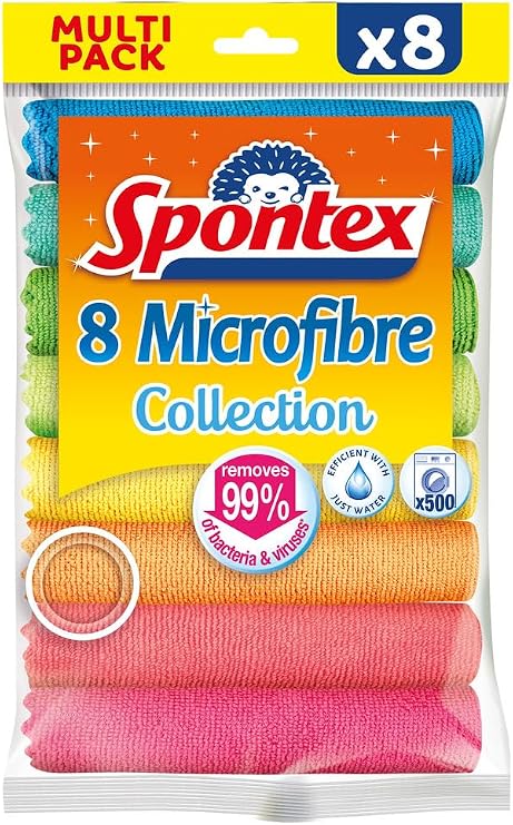 Spontex Microfibre Cloths for Cleaning 8 Microfibre Collection Cleaning Cloths For Use as Dusters, Dish Cloths & Kitchen Towels 30 x 30cm Assorted Colours 8 Count