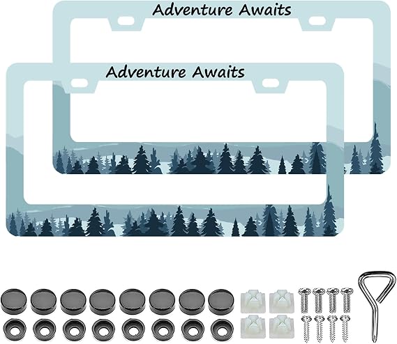 Adventure Awaits License Plate Frames - 2 PCS Mountain Forest License Plate Holder, Aluminum Alloy Rust-Proof Auto Parts License Plate Cover Decoration for Standard Us 12x6 Inch