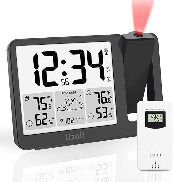 uzoli EM3539E Atomic Projector Alarm Clock for Bedroom Ceiling | WWVB Atomic Projection Clocks with Sensor, Adjustable Backlight, Indoor Outdoor Temperature Humidity, Dual Alarms