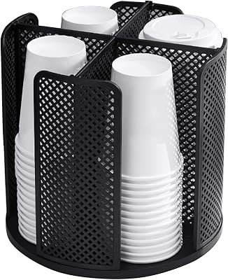 Buwico Cup and Lid Holder, 360 Rotatable Coffee Cup Dispenser with 4 Compartment, Black Cup and Lid Organizer for Countertop, Breakroom, Bathroom, Coffee Station, Bar, Buffet, Kitchen Cabinet