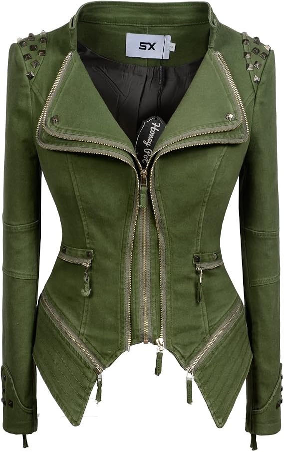 Women's classic denim jacket personalized rivet punk dovetail Motorcycle Jacket