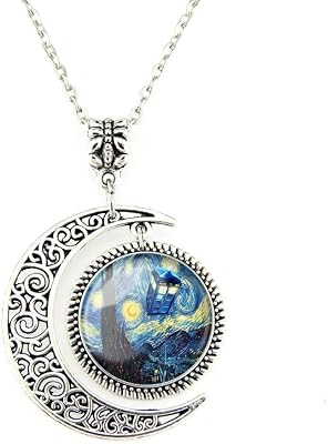 Moon Pendant Tardis Doctor Who Starry Night Necklace Van Gogh Jewelry Personalized Necklaces Gift