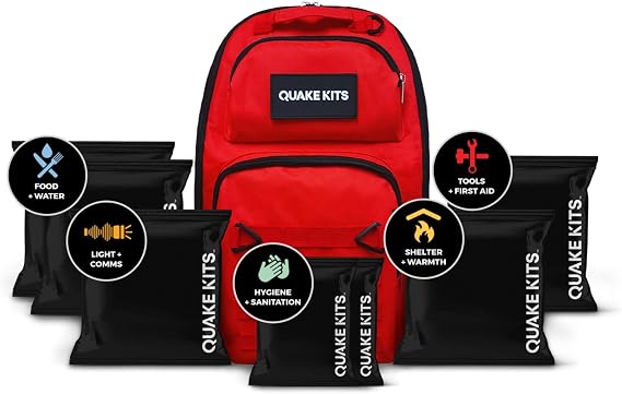 Quake Kits Completely Prepared Emergency Kit for Disaster Preparedness - 72 Hour Kit - Complete Emergency Go Bag with Food and Water, First Aid, and Emergency Preparedness Tools for 2 People