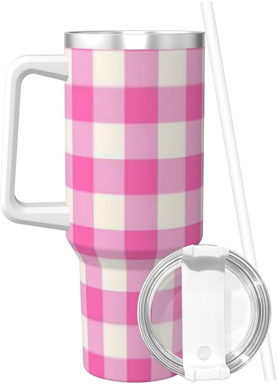 40 oz Pink Gingham Plaid Tumbler with Handle and Straw Lid, Cup Holder Insulated Stainless Steel Travel Mug