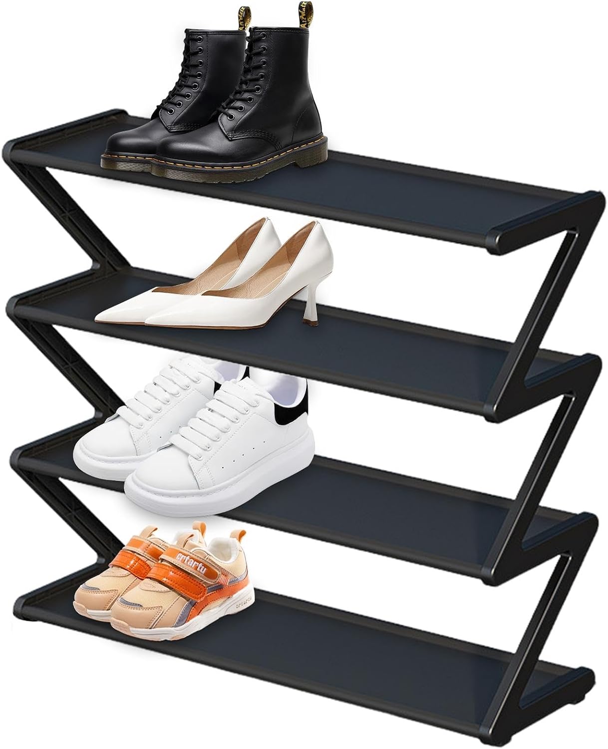 4 Tier Shoe Rack - Corner Shoes Holder, Vertical Boots Organizer Stand | Space Saving Entryway Side Footwear Display Shelf, Standing Z Shape Foot Wears Organizers, Closet Storage Racks for Home