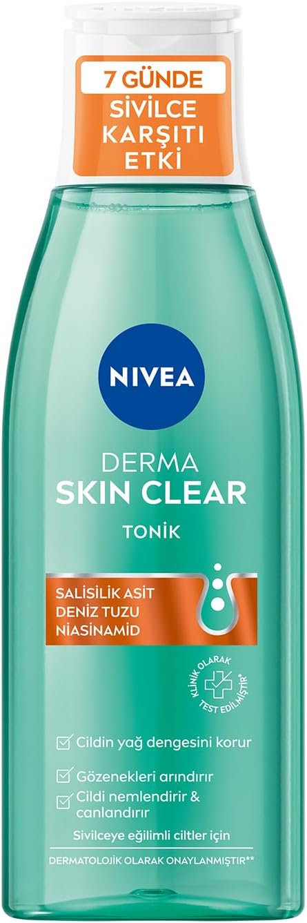 NIVEA Derma Skin Clear Sivilce Karşıtı Tonik 200ml,Gözenek Arındırıcı,Cildin Yağ Dengesini Korur,Nemlendirir,Salisilik Asit (BHA) Deniz Tuzu, Niasinamid,Sivilceye Eğilimli Ciltler