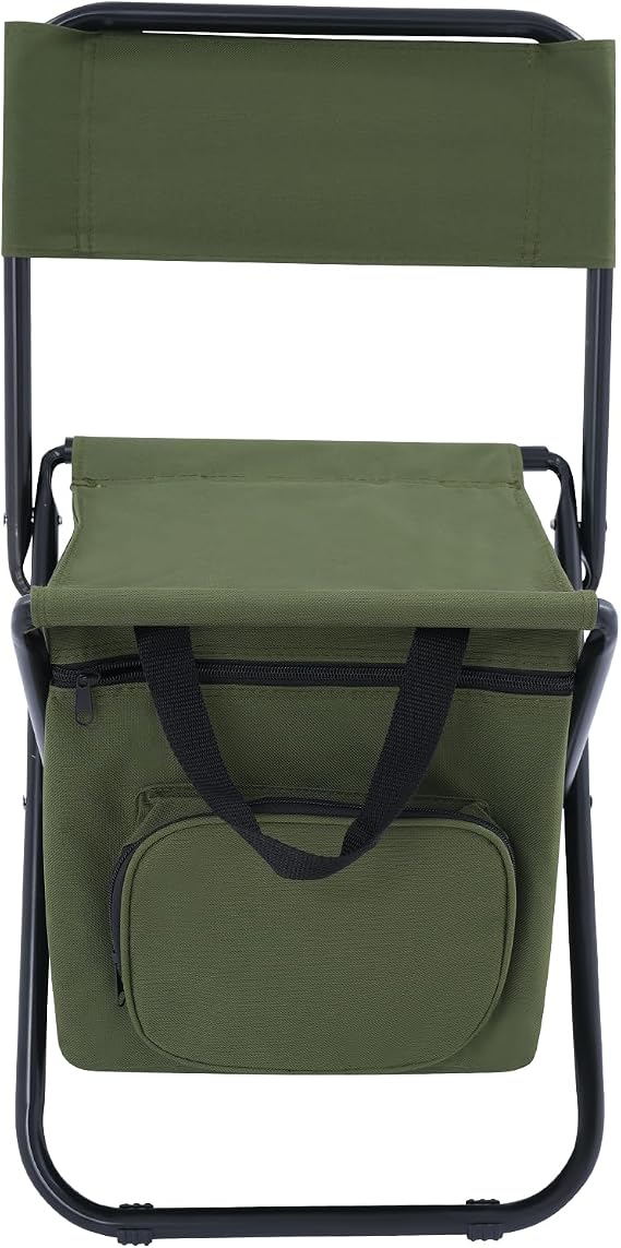 Folding Camping Chair, with 10L Insulated Cooler Bag, 100kg Heavy Duty Steel Frame, 16mm Thick Oxford Fabric in Army Green for Fishing, Picnics and Outdoor Activities​