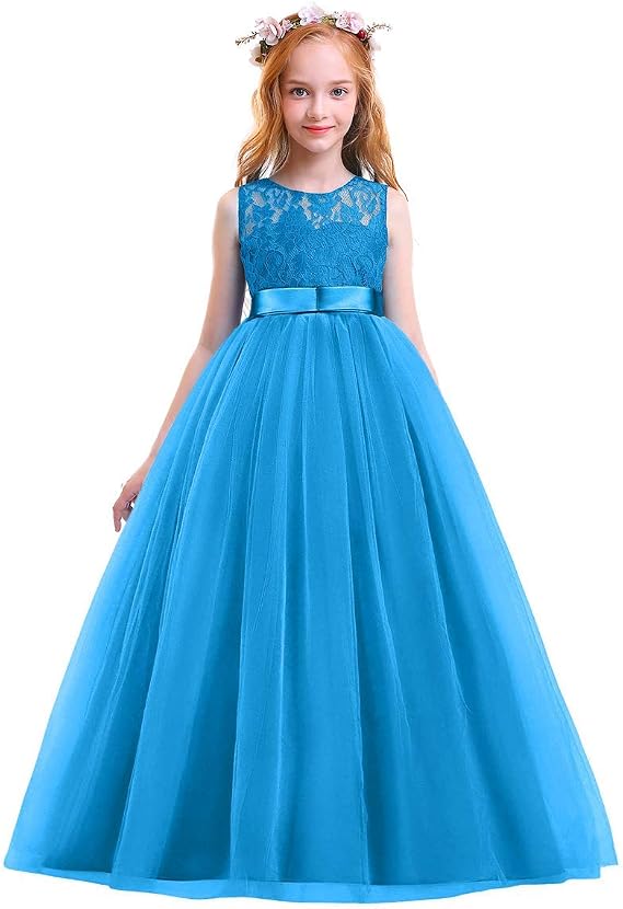 Flower Girl Lace Long Princess Dresses Kids Formal Wedding Party Pageant Ball Gowns First Communion Puffy Tulle Dress