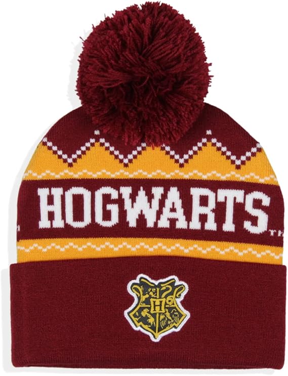 Harry Potter Adult Hogwarts School Crest Knit Cuff Pom Beanie Cap Multicolored