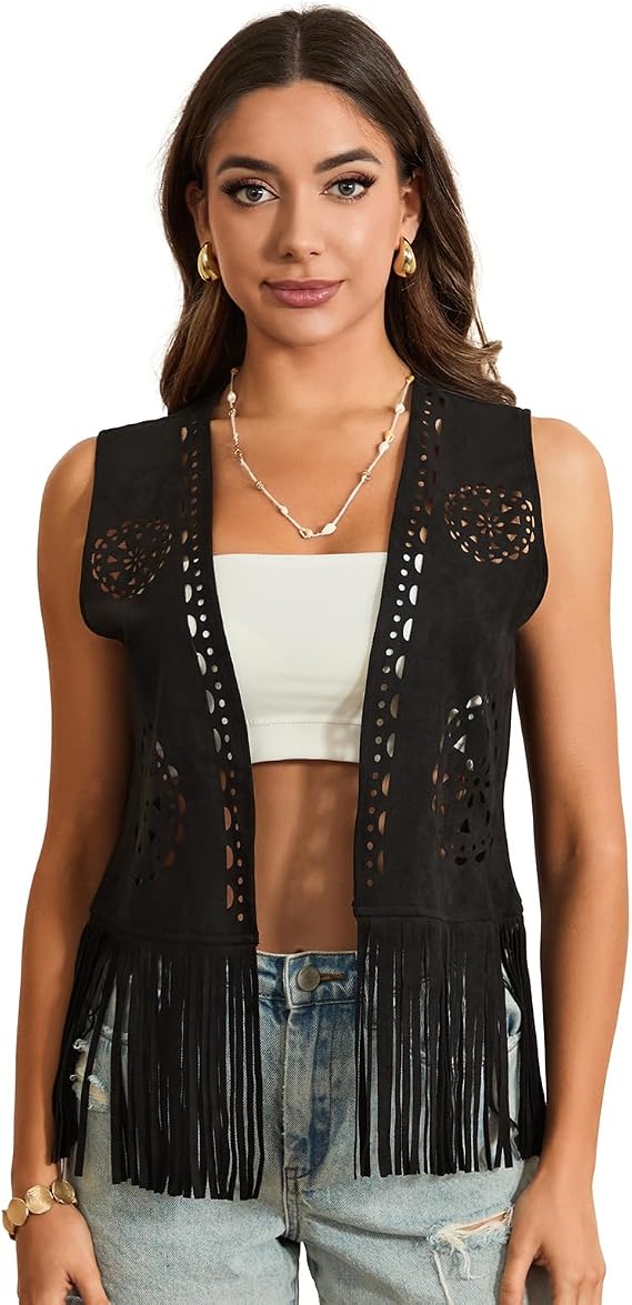Women Boho Western Tassel Vest Open Front Faux Suede Fringe Cardigan Sleeveless Jacket Vintage Hippie Outwear