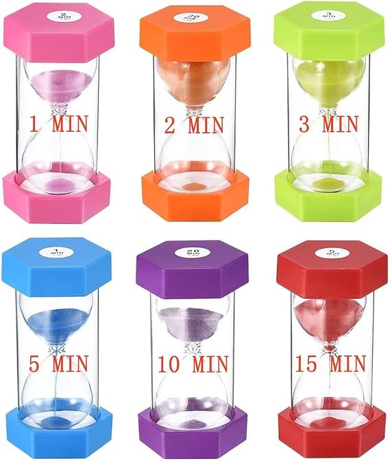 Large Sand Timer, Hourglass Timers Colorful Sandglass Timer 1 min/2 min/3 min/5 min/10 min/15 min Kids Timers Visual Sand Clock Timer for Games Classroom Home Office Kitchen Teeth Brushing (Pack of 6)