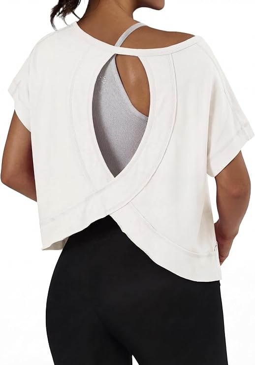 GRECERELLE Women's Open Back Workout Tops Backless Athletic Shirts Casual Crop Running Tee Y2k Yoga
