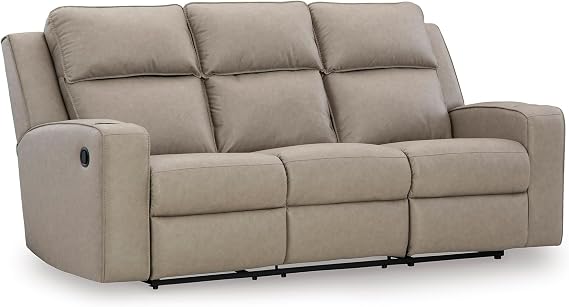 Signature Design by Ashley Lavenhorne Contemporary Faux Leather Manual Reclining Sofa with Drop Down Table, Cup Holders and USB Ports, Beige