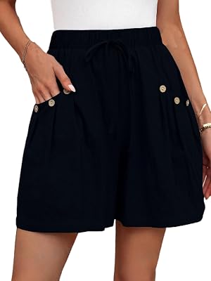 Womens Shorts Casual Flowy High Waisted Comfy Summer Shorts Elastic Drawstring Boho Button Pants with Pockets