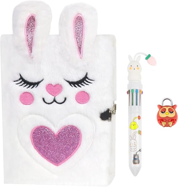 Plush Diary, Diary with Lock for Girls, Cute Rabbit Kids Journal Notebook Set, Lined bunny diary with Pen and Lock, School Gift for Girls, Birthday Gift A5