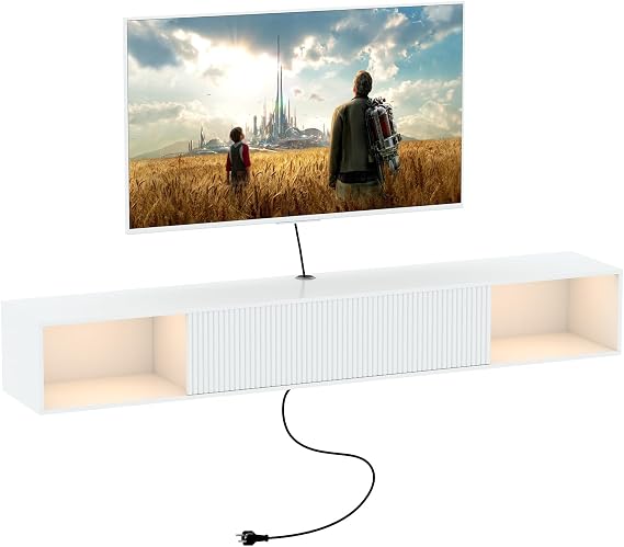 55" Floating TV Stand with LED Light and Storage for Living Room