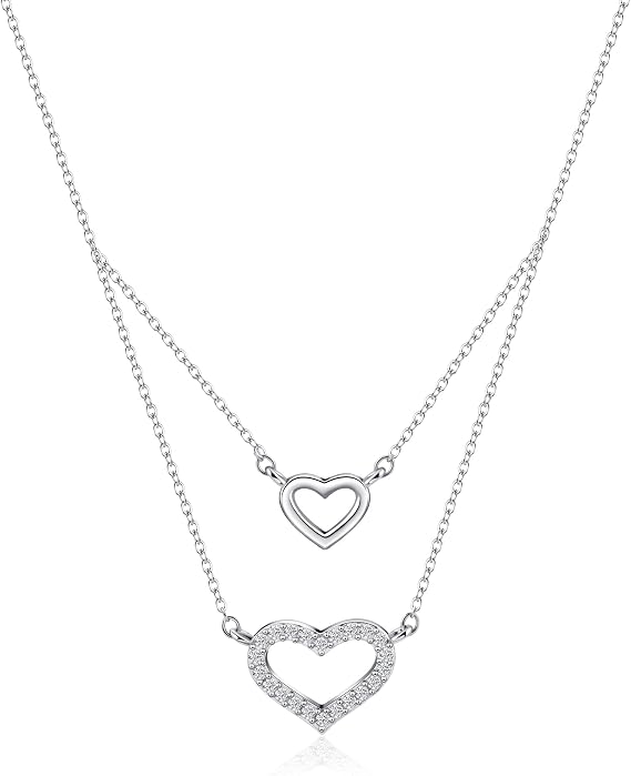 Sterling Silver Double Heart Necklace for Women, Dainty Two-Layer Chain Love Pendant Necklace with CZ, Cute Jewellery Gift for Teen Girls