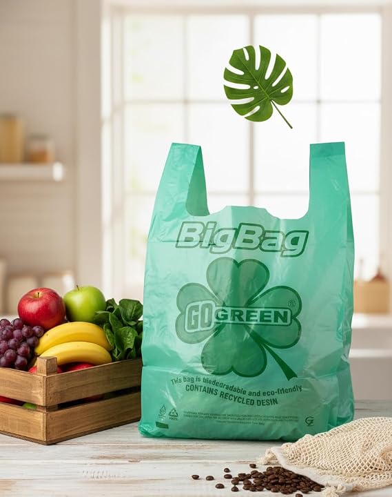 Green Biodegradable Plastic T-shirt Shopping Bags (11.5x6x21-13mic) (200)