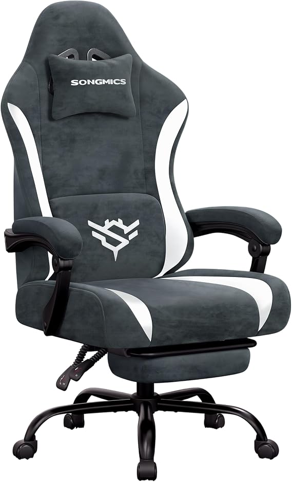SONGMICS Gaming Chair, Ergonomic Computer Desk Chair with Footrest, Reclining Backrest, Lumbar Support and Headrest, Suede Fabric, Charcoal Gray and Cloud White UOBG092GQ01S