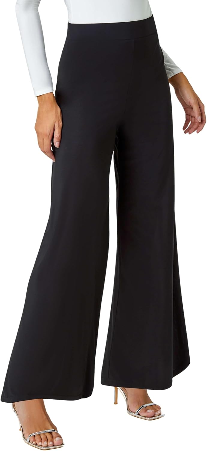 Roman Originals Wide Leg Trousers for Women UK Ladies Palazzo Pants Evening Jersey Elasticated High Waist Smart Flared Culotte Office Work Going Out Loose Crepe Bottoms