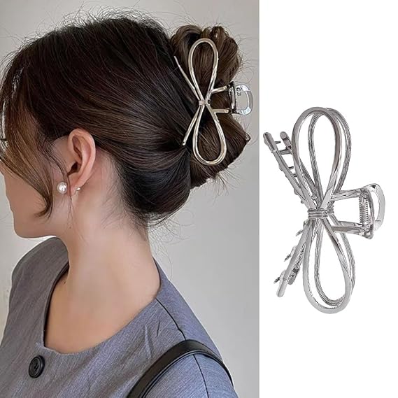 1Pcs Bow Hair Claw Clips, Elegant Metal Silver Bow Hair Clips Nonslip Fashion Bowknot Shape Hairpins Strong Hold Shark Jaw Clamps Grip Clips Styling Accessories for Women Wedding Birthday Gifts Decor