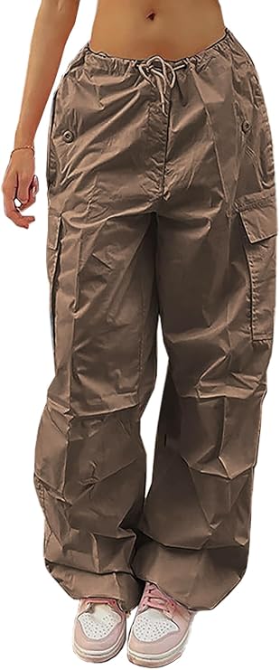Xineicy Parachute Pants for Women Drawstring Baggy Cargo Pants Y2K Trouser Low Rised Jogger Sweatpants