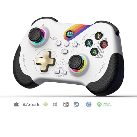 Koiiko Wireless Gaming Controller for ipad/iphone Android/PC/Switch/Streaming on Xbox/PS4/PS3, Bluetooth, Pocket Size, 7-Colors LED, Hall Effect Triggers Hall left & right rocker (Graffiti white)