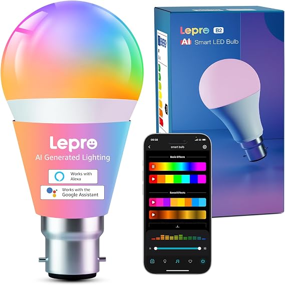 Lepro B22 AI Smart Bulb, 1100lm Dimmable Bayonet WiFi Light Bulb, 10W=75W | RGB Colour Changing & Tunable White 2700K-5700K, App Control, Schedule & Timer, Works with Alexa & Google Home, No Remote [Energy Class E]