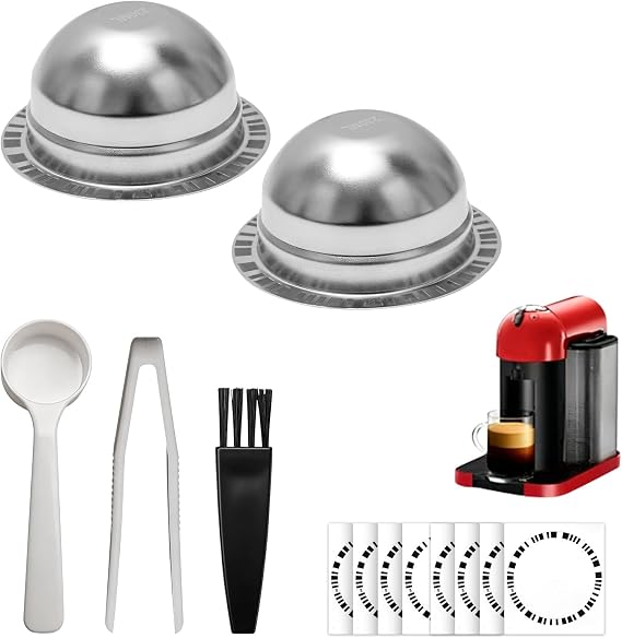 Reusable Coffee Pods for Nespresso Vertuo Machine, (230mL＆150mL) Stainless Steel Refillable Capsules Compatible with Vertuo Plus/Pop/Next Includes Barcode Stickers, Silicone Lid ＆ Tools