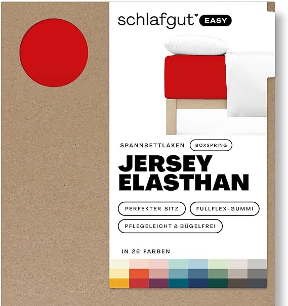 Schlafgut Easy Jersey Elastane Box Spring Fitted Sheet 90 x 190 to 100 x 220 cm Red Deep Fitted Sheet Made of Super Soft Cotton with Elastane Bettlaken Spannbetttuch 100x200 90x190 bis 100x220 cm Rot Boxspringbett bis 40 cm Steg Elasthan