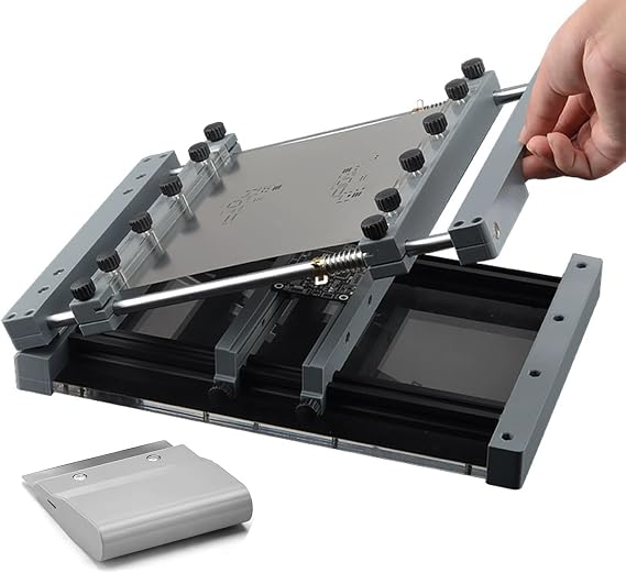 Manual PCB screen printer, PCB stencil printer, precise alignment and precision SMT screen printing solution for small businesses and electronics enthusiasts looking for a precision SMT screen