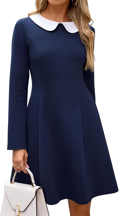 YATHON Women's Vintage Long Sleeve Fall Work Dress Cute Peter Pan Collar 50s Fit and Flare Short Mini Aline Skater Dresses