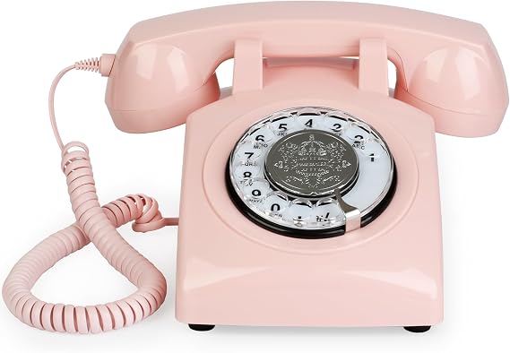 Pink Retro Rotary Landline Phones with Mechanical Ringer, Volume Control, Redial, No AC Power Required Vintage Corded Phones Old Fashioned Antique Telephone for Home Office for Decor