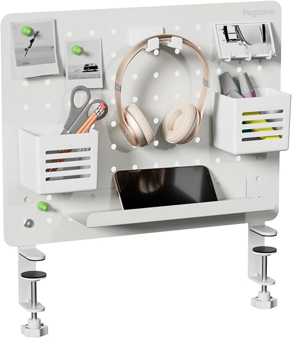 PEGZONE Clamp on Desk Pegboard, 16.5" x 12.6", with 10 Accessories, White | Magnetic Metal Peg Board, Desk Organizer for Office Gaming Home, Privacy Panel, Medium