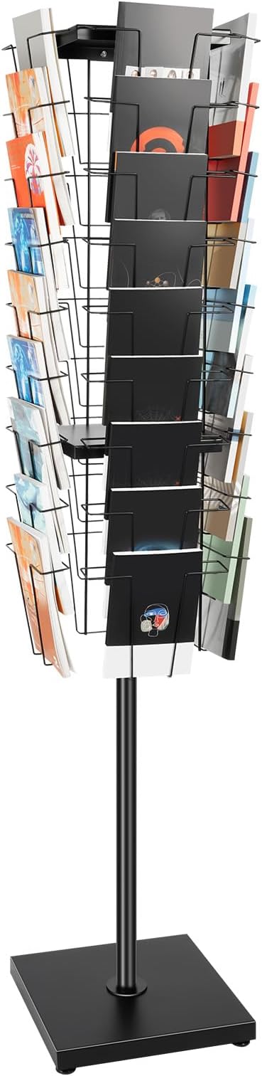36 Pockets 360Rotating Magazine Rack Holder Brochure Display Stand, 132lbs Capacity Floor Mounted Magazine Racks, Detachable Comic Book Literature Magazine Rack, for Offices, Audiovisual Stores