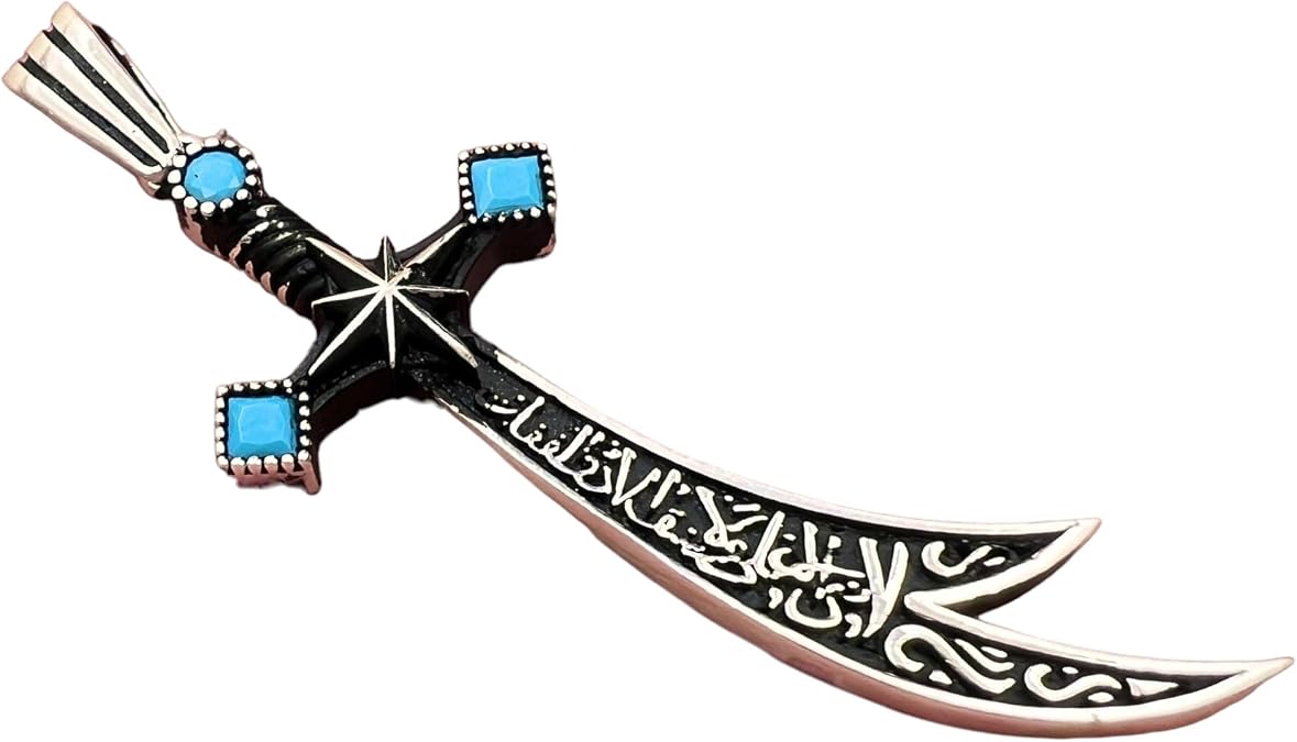 Zulfiqar Sword Necklace 925 Sterling Silver Mens Warrior Jewelry with Turquoise Stone, Hz Ali Arabic Calligraphy, Shia Islamic Pendant