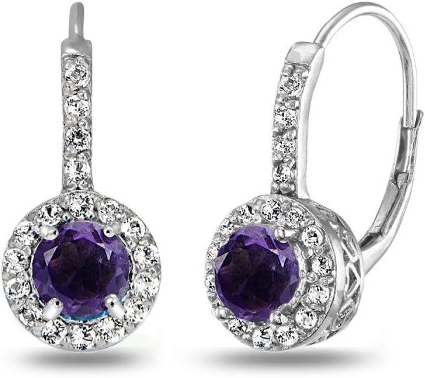 Sterling Silver Birthstone Earrings - Round Halo Drop Huggie Dainty Earrings for Women