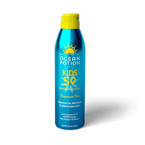 Ocean Potion Kids Sunscreen Spray SPF 50, Broad Spectrum UVA/UVB Sunscreen, Continuous Sunscreen Spray with Vitamin E & Aloe, Oxybenzone-Free, Fragrance-Free, Water-Resistant, 5.5 oz