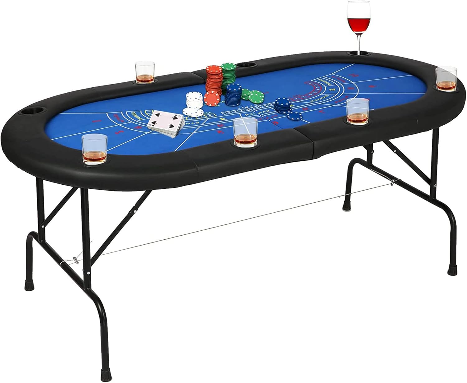 LUCKYERMORE Folding Poker Table71” Easy to Store & Carry, wPadded Rails & 8 Cup Holders, Baccarat Poker Table 8 Player for Texas Casino Leisure Game, No Assembly Required, Blue