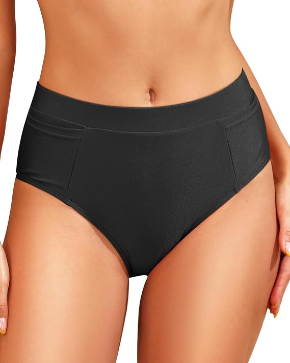 Tempt Me Mid Waist Bikini Bottoms-Full Coverage Bathing Suit Bottom with Pockets