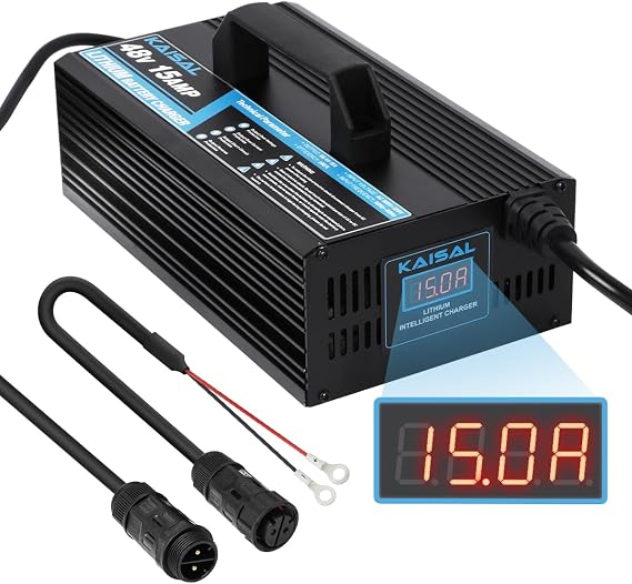 KAISAL 48V/58.4V 15A Lifepo4 Battery Charger - Onboard 48 Volt Lithium Golf Cart & Forklift Charger with IP68 Waterproof Removable Plug